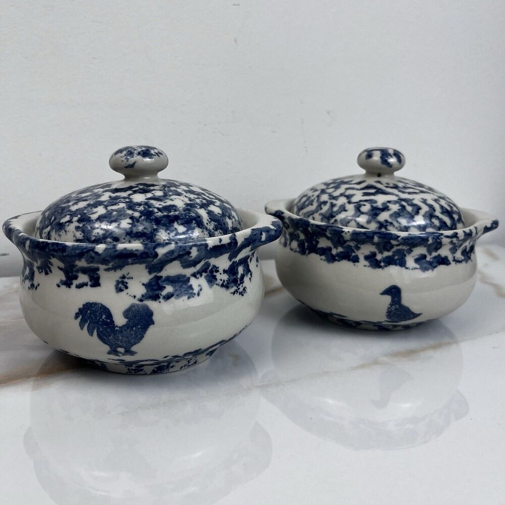 Vtg Tienshan Folk Craft Sponge Ware Casserole Dish Set Of 2 Stoneware Cottage